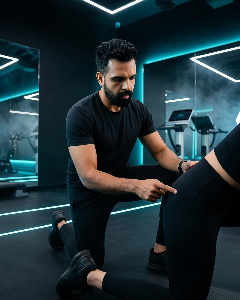 Personal trainer Anoop Gopi coaching a client at a Dubai gym